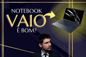 Imagem De Um Homem Pensativo Ao Lado De Um Notebook Vaio Com A Pergunta: &Quot;Notebook Vaio É Bom?&Quot;