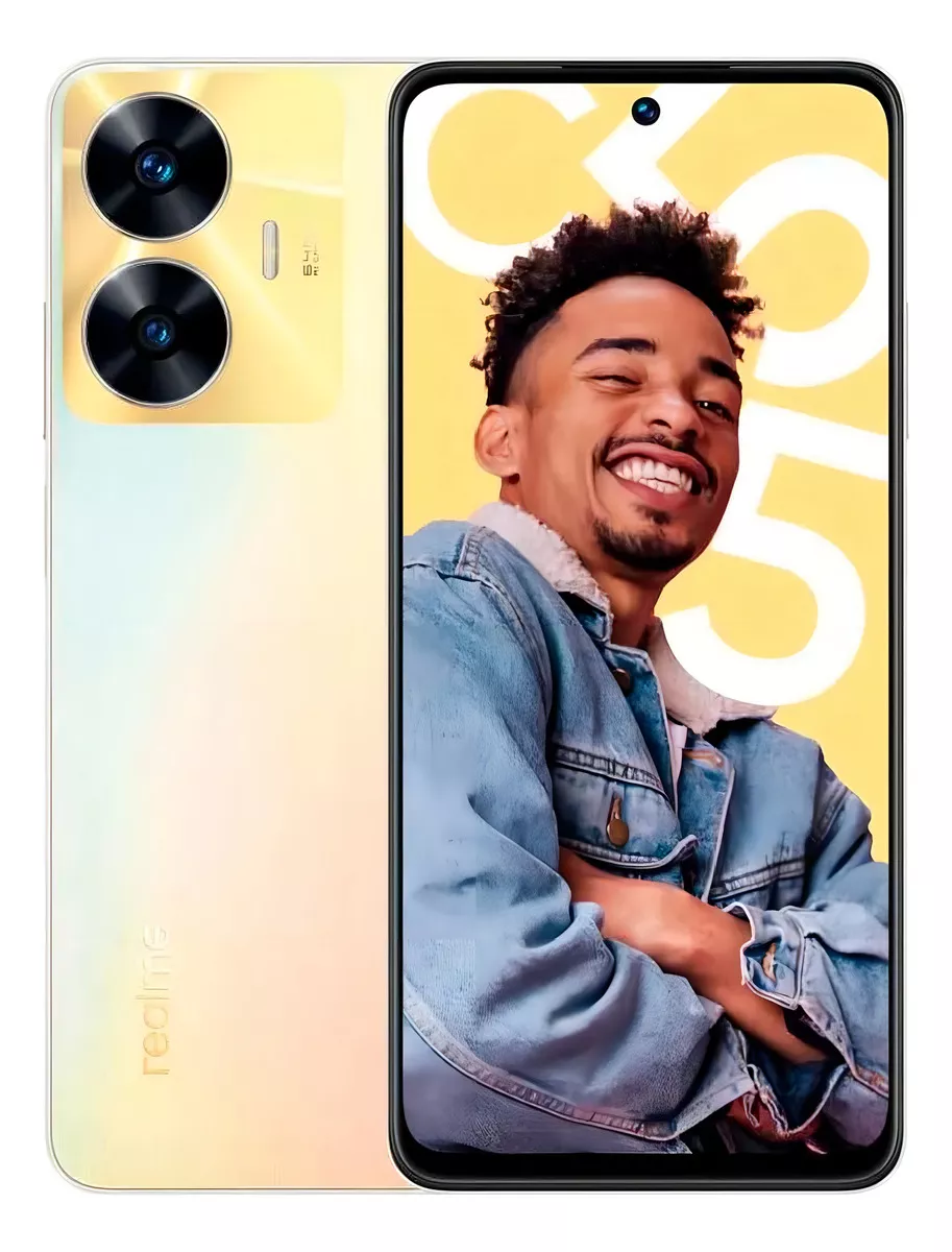 Smartphone Realme C55 Com Câmera Dupla E Tela Frontal Mostrando Um Homem Sorrindo, Design Elegante Em Tons De Dourado.