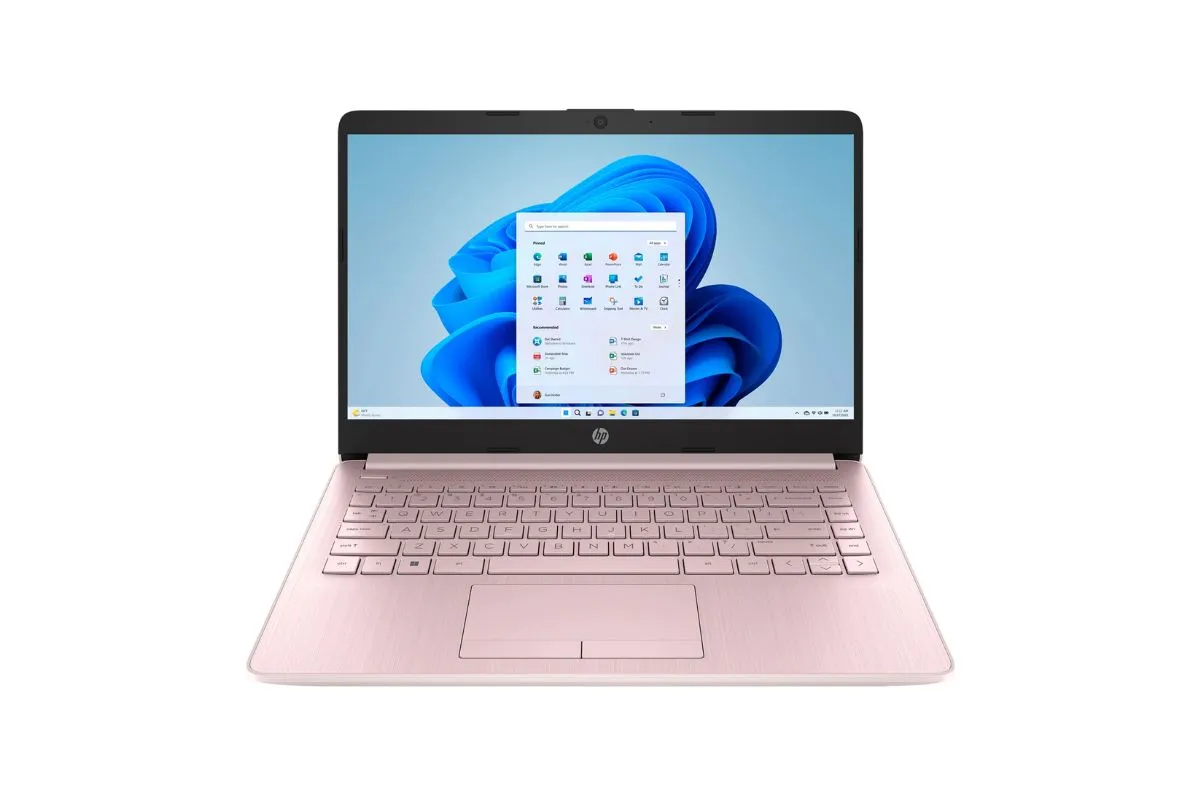 Notebook Hp Stream Rosa Com Windows 11 Exibido Na Tela E Teclado Completo.