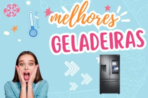 Mulher Surpresa Com Uma Geladeira Moderna Ao Lado E O Título &Quot;Melhores Geladeiras&Quot; Em Destaque.