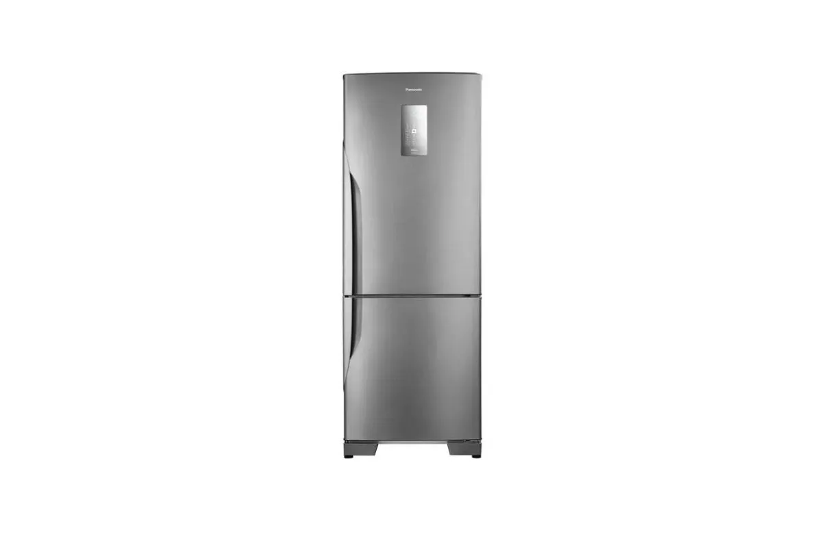 Geladeira Panasonic Inverse De Aço Inox, Com Painel Digital Na Porta E Freezer Na Parte Inferior.