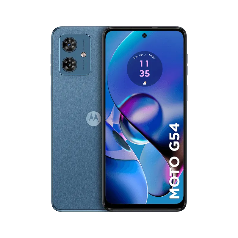 Smartphone Motorola Moto G54 Azul Com Câmera Dupla E Tela Frontal Destacando O Design Moderno E Interface De Usuário.