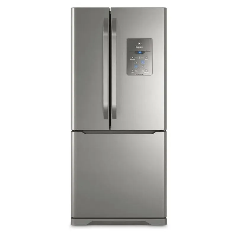 Geladeira Electrolux French Door Em Aço Inox Com Painel Digital Touch Na Porta E Freezer Na Parte Inferior.