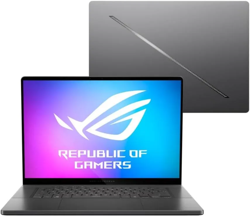 Imagem Do Notebook Gamer Asus Rog Zephyrus Com Tela De 14 Polegadas, Exibindo O Logotipo Republic Of Gamers E Tampa Traseira Preta Com Design Minimalista.