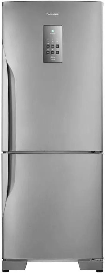 Geladeira Panasonic Inverse Em Aço Inox Com Painel Digital Na Porta E Freezer Na Parte Inferior.