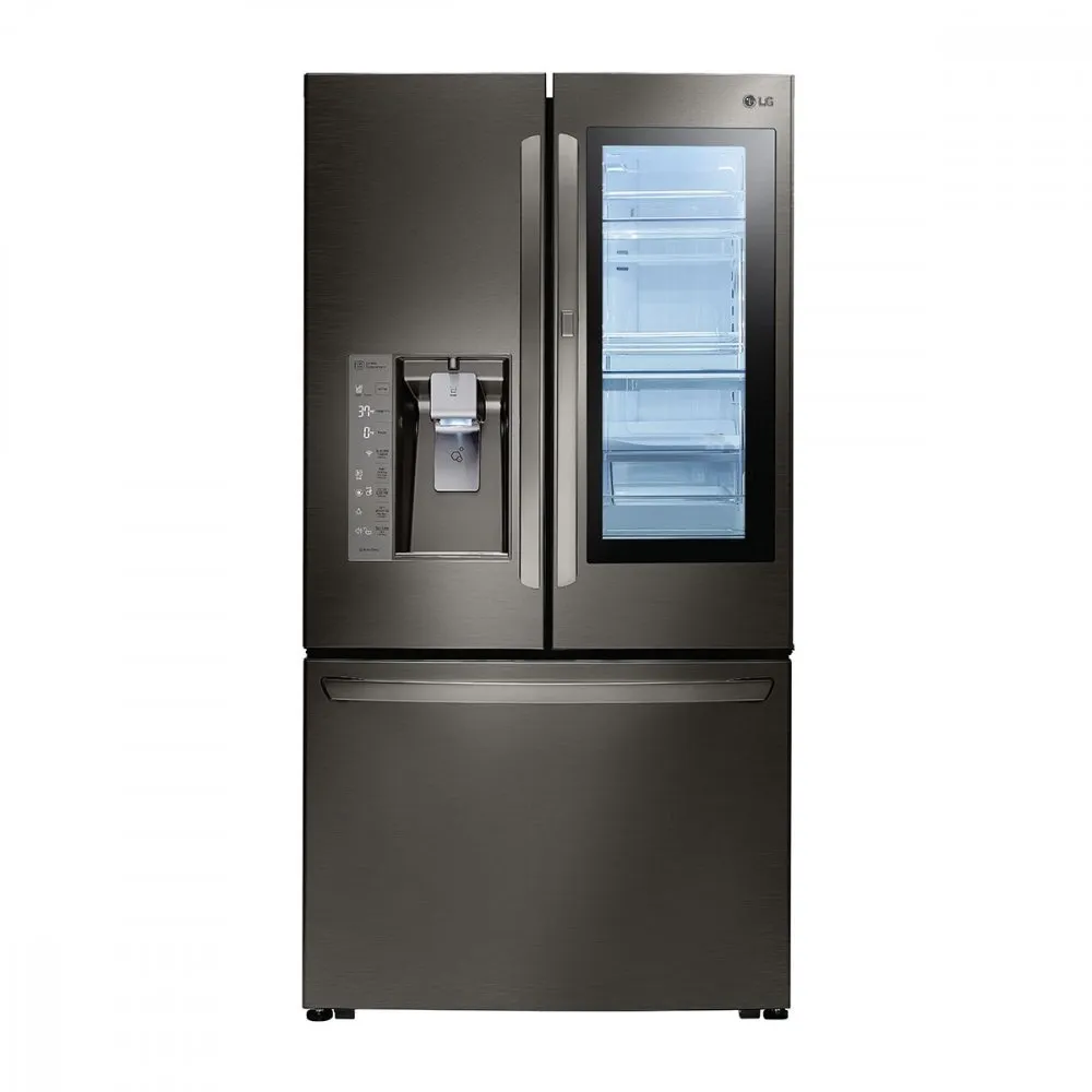 Geladeira Lg French Door Preta Com Porta De Vidro Transparente E Dispenser De Água E Gelo, Modelo De Três Portas Com Freezer Na Parte Inferior