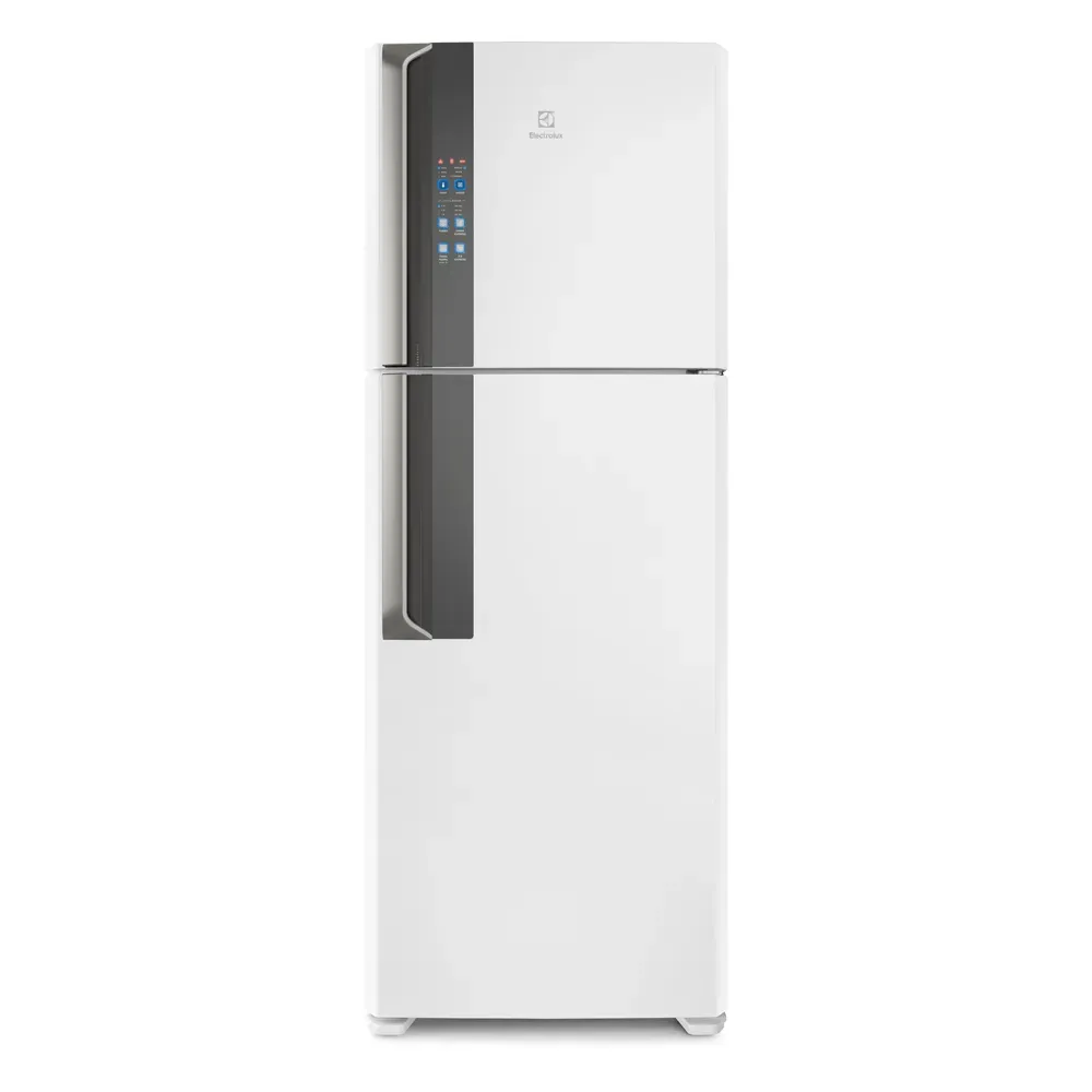 Imagem De Uma Geladeira Electrolux Frost Free De 474 Litros, Cor Branca, Com Freezer Superior E Painel Digital Na Porta.