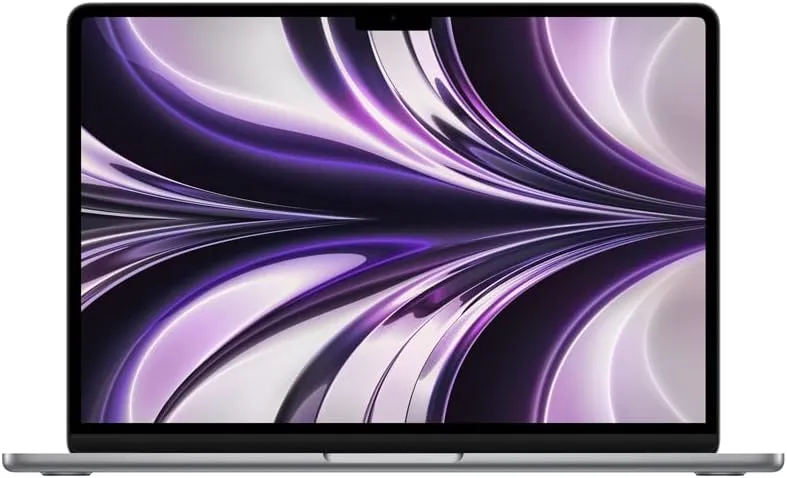 Tela Do Apple Macbook Pro Com Chip M2, Exibindo Um Design Gráfico Abstrato Em Tons De Roxo E Prata.