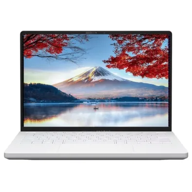 Imagem Do Notebook Asus Rog Zephyrus G14 De 14 Polegadas Com Uma Tela Exibindo Uma Paisagem Do Monte Fuji Com Árvores Vermelhas E Um Lago Espelhado.