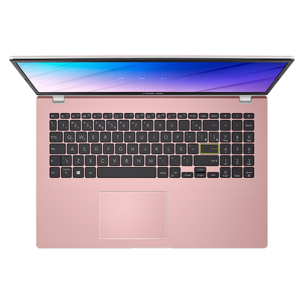 Visão Superior Do Notebook Asus Vivobook Go 15 Rosa, Com Teclado Completo E Tela Parcialmente Visível.