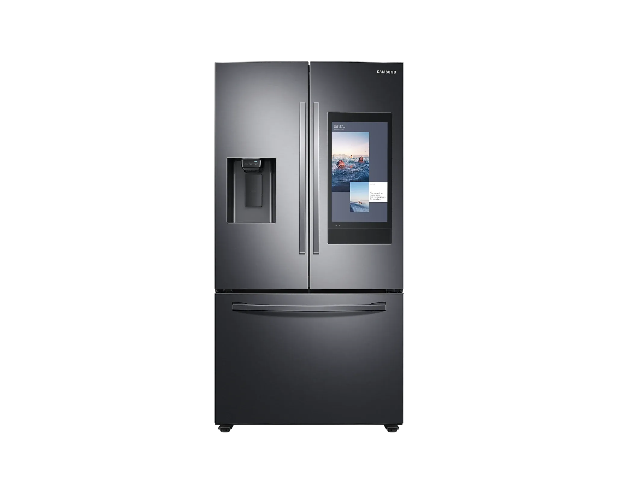 Geladeira Samsung French Door Preta Com Tela Digital Integrada E Dispenser De Água Na Porta, Modelo De Três Portas Com Freezer Inferior