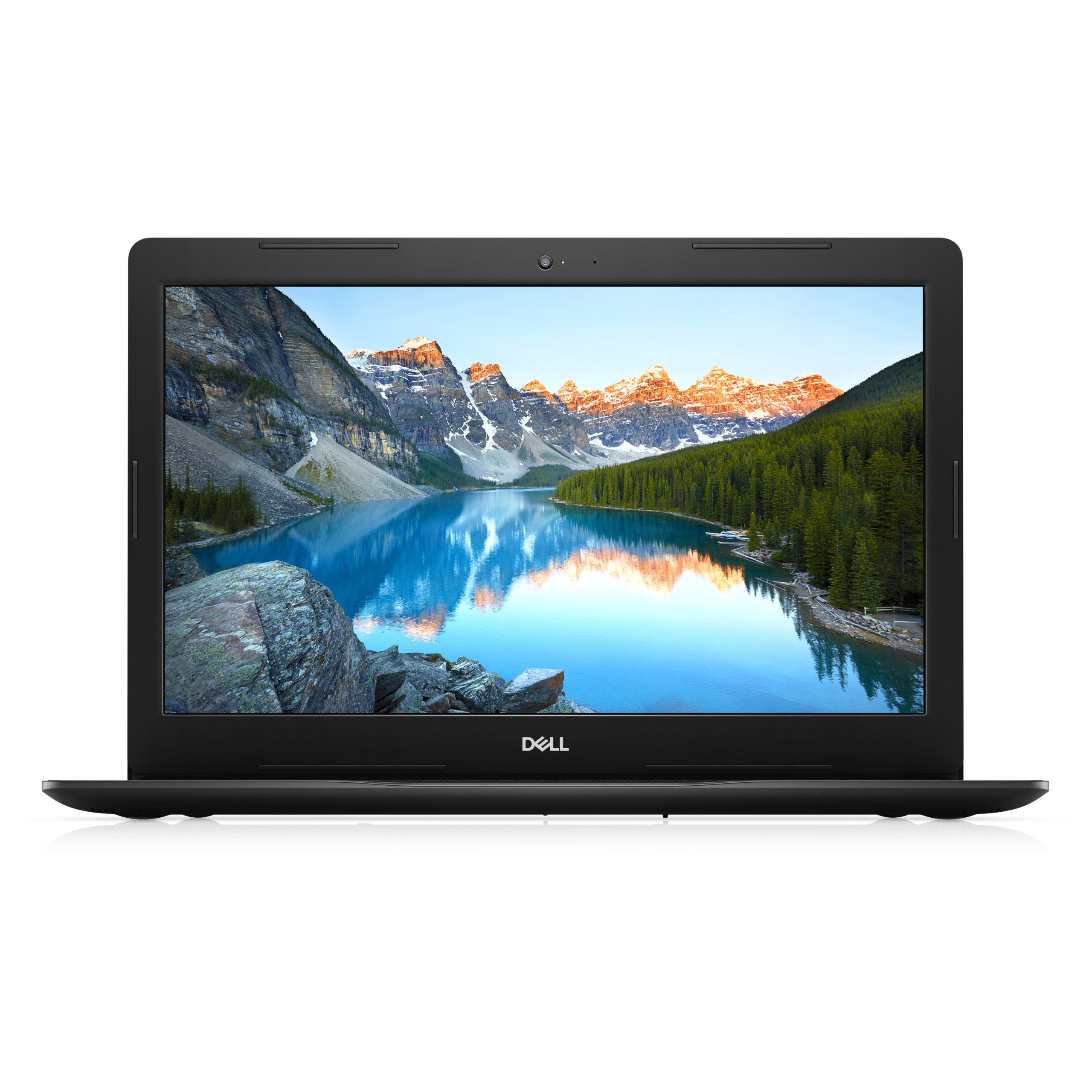 Imagem Do Notebook Dell Inspiron 15 Polegadas, Com Uma Tela Exibindo Uma Paisagem Montanhosa Com Um Lago Ao Pôr Do Sol.