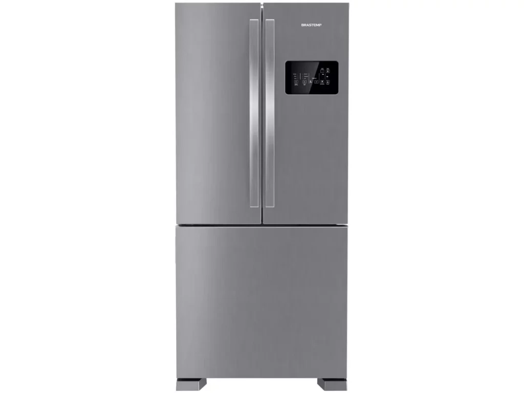 Geladeira Brastemp 3 Portas Em Aço Inox, Com Design Moderno, Freezer Inferior E Painel Digital Integrado.