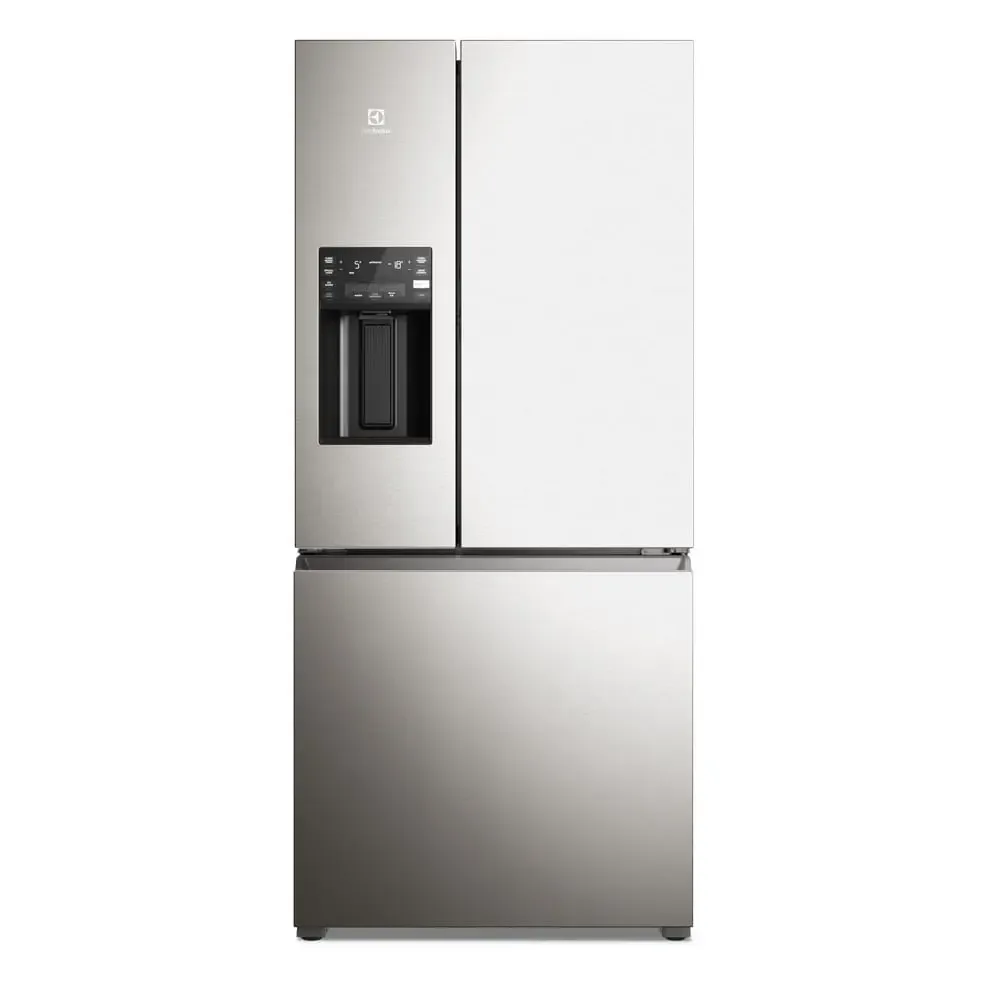 Geladeira Electrolux 3 Portas Em Inox, Com Freezer Inferior, Dispenser De Água E Gelo, E Painel Digital Integrado.