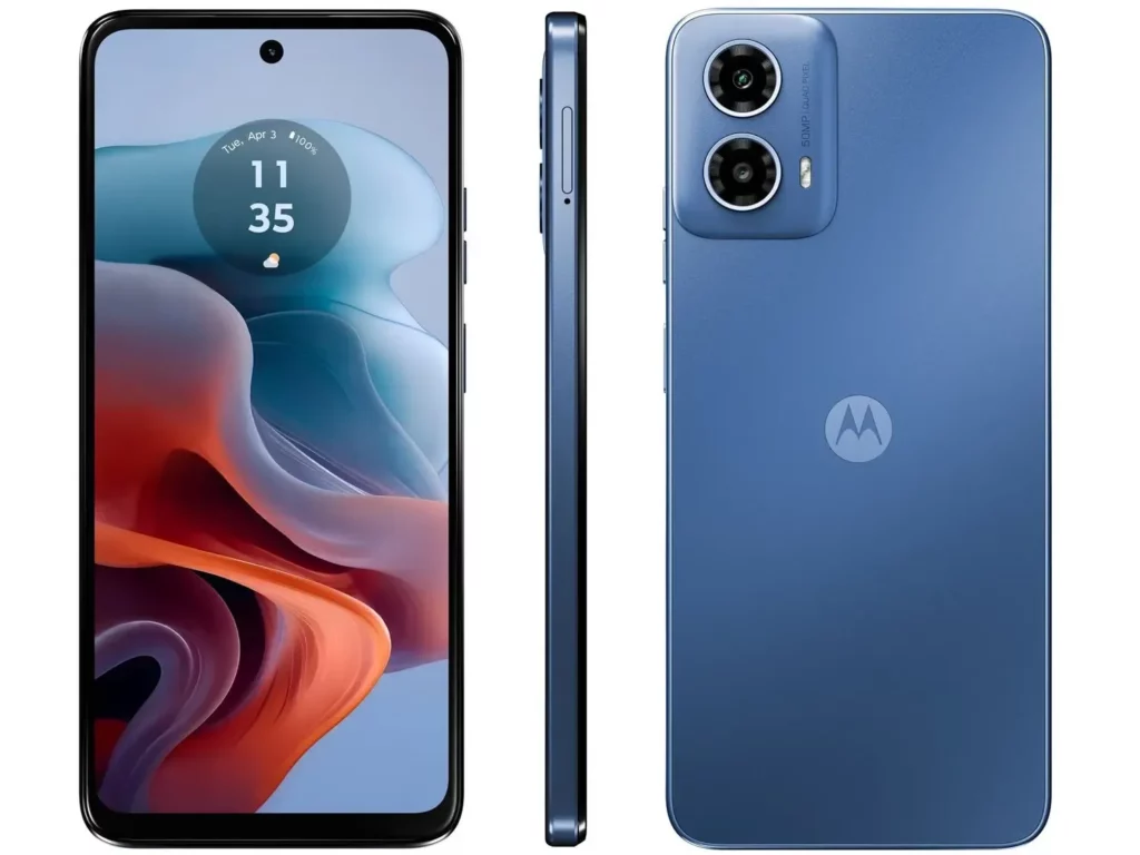 Smartphone Motorola 128 Gb Na Cor Azul, Exibindo Uma Tela Ampla Com Bordas Finas E Duas Câmeras Traseiras Em Destaque.