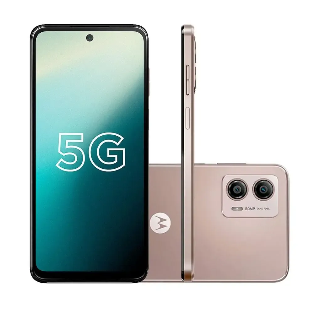 Smartphone Motorola 5G Dourado Com Memória De 128 Gb, Tela Ampla, E Design Moderno Com Duas Câmeras Traseiras.