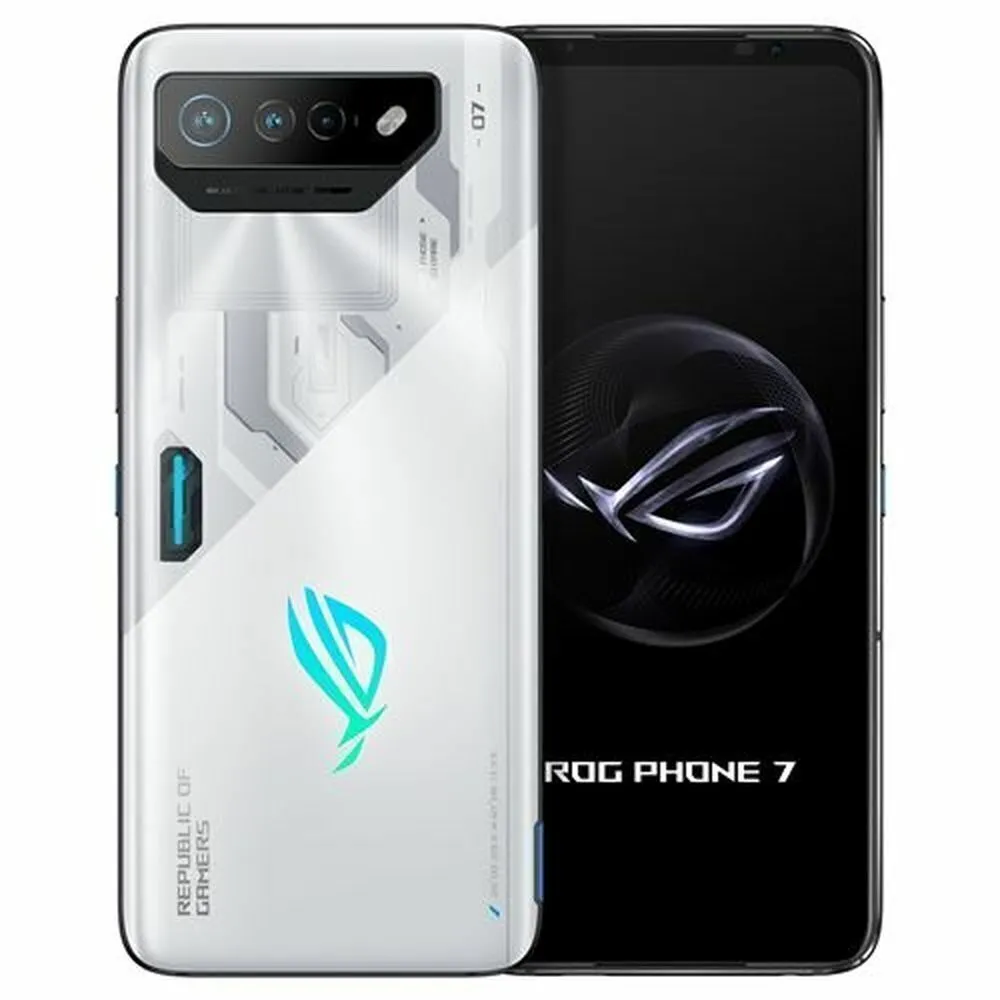 Imagem Do Asus Rog Phone 7 Branco, Com Design Futurista E Tela De Alto Desempenho.